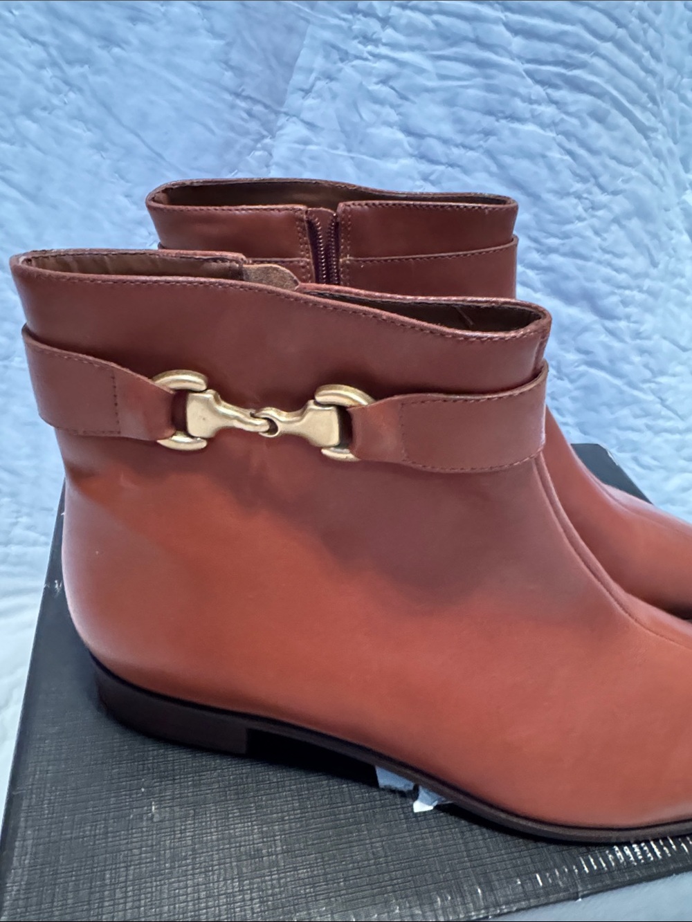 Talbots Chestnut Brown Leather Ankle Booties with Gold Horsebit - Picture 2 of 6